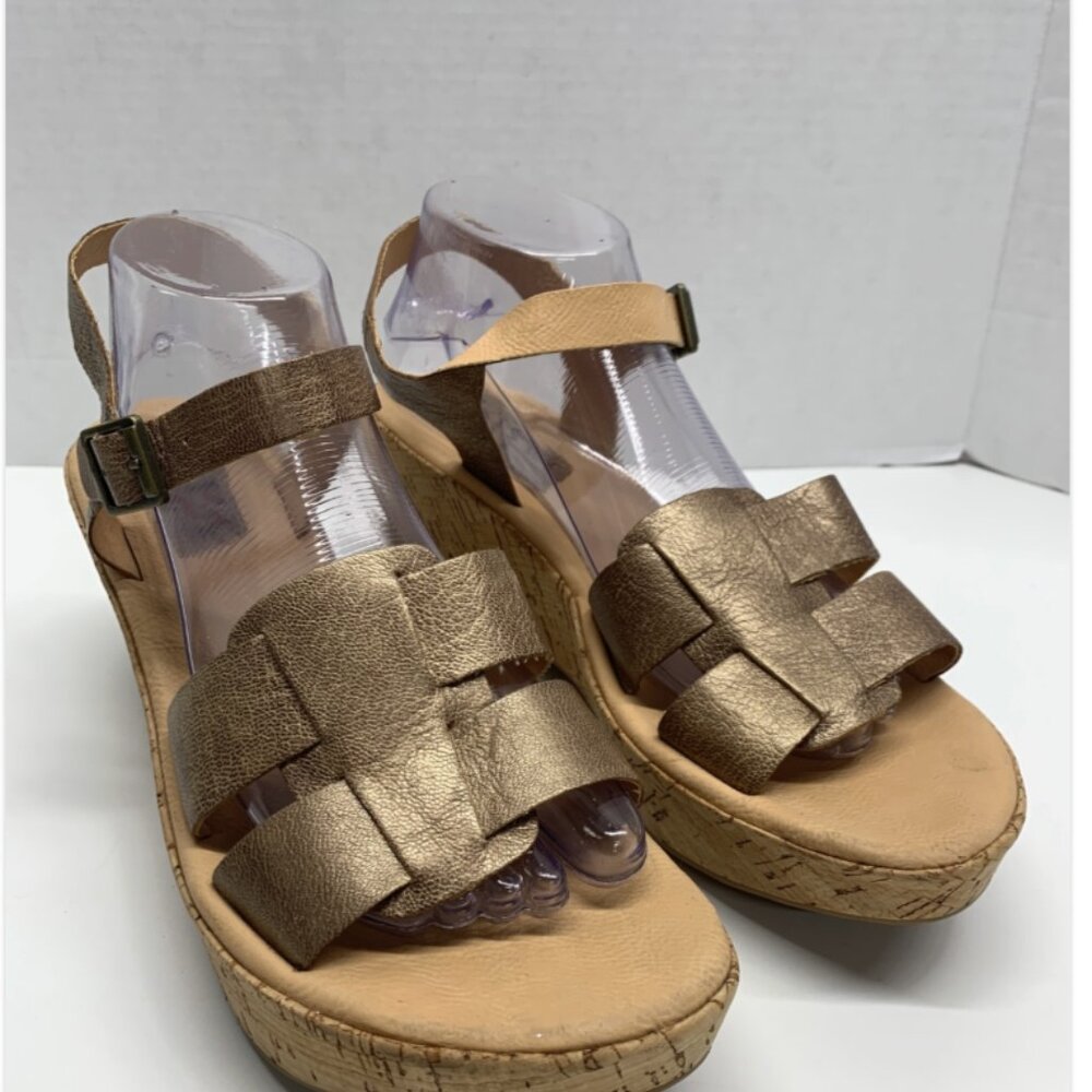 Korks by Kork Ease Wedge Sandal Open Toe Ankle Strap Cork Heels Metallic Gold 10 - Picture 3 of 12